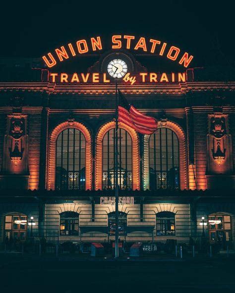 Union Station vintage neon sign at night, Denver, Colorado Denver Union Station, Denver Photography, Union Station Denver, Rail Transport, Vintage Neon Signs, Vintage Neon, White Car, Union Station, Posters Framed