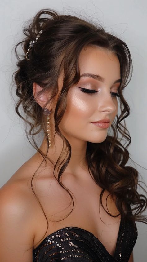 Natural Glam Hairstyles, Sweet 16 Makeup Full Face, Indian Prom Makeup, Full Face Makeup Brown Eyes, Hoco Hair And Makeup Ideas, Makeup Inspo For Quince, Bridal Fairy Makeup, Quinceanera Guest Makeup, Make Up Wedding Natural Brown Eyes