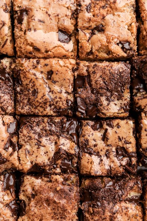 Chewy Chocolate Chip Blondies | Sturbridge Bakery Best Blondies Recipe, Lucky Food, Chocolate Chip Blondies, Blondies Recipe, Chewy Chocolate Chip, Salted Chocolate, Brownie Bar, Chocolate Shavings, Melt In Your Mouth