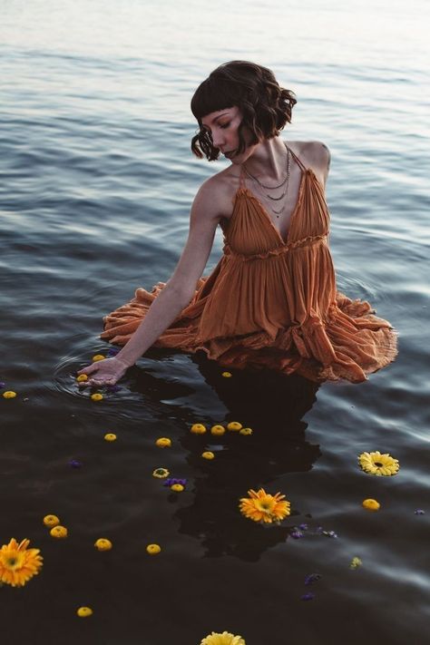 Dress Water Photoshoot, Woman In Water Photography, Dress In Water Photoshoot, Poses In Water, Pond Photoshoot, Water Photoshoot Ideas, In Water Photoshoot, Water Portraits, River Photoshoot