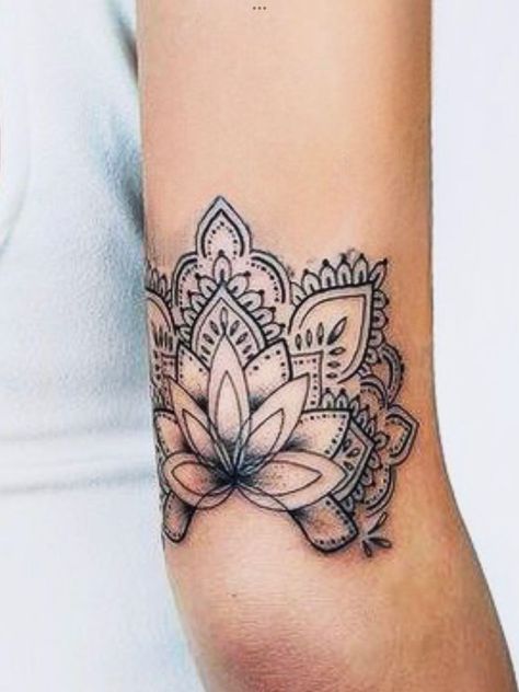 Mandala Tattoo Around Elbow, Arm Lotus Tattoos For Women, Above Elbow Mandala Tattoo, Mandala Flower Elbow Tattoo, Back Of Arm Mandala Tattoo, Back Of The Bicep Tattoo, Mandala Tattoo Elbow Woman, Forearm Lotus Tattoo Women, Mandala Bicep Tattoo