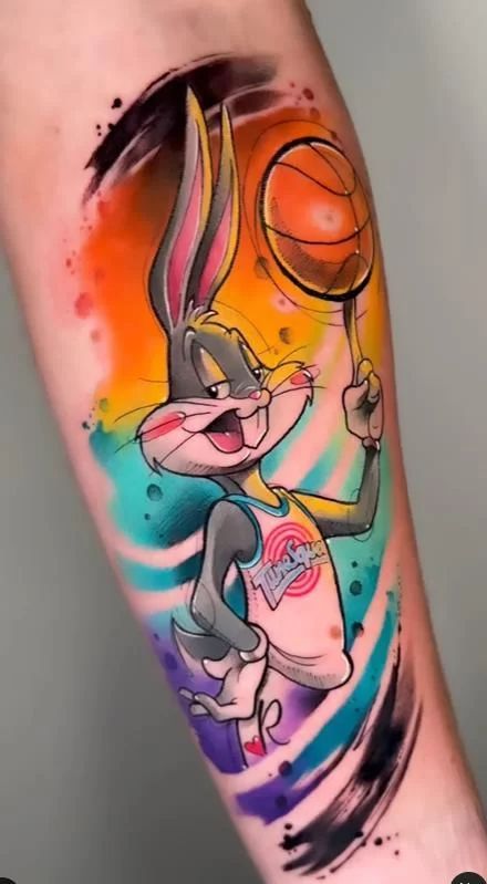 10 Bugs Bunny Tattoo Designs and Ideas - NSF - Magazine Lola And Bugs Tattoo, Bugs Bunny Tattoo Design, Bulma Bunny Tattoo, Drawing Bugs Bunny, Bugs Bunny Tattoo, Looney Tunes Tattoo, Ak47 Tattoo, Trippy Bugs Bunny Art, Tattoo Cartoon