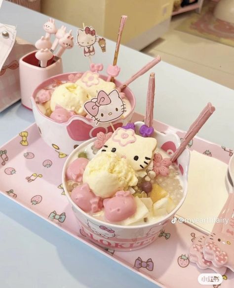 hello kitty sanrio breakfast lunch dinner kawaii aesthetic coquette japanese japan tokyo kyoto cute ice cream beautiful place for food Hello Kitty Ice Cream, Images Hello Kitty, Hello Kitty Merchandise, Kawaii Dessert, Kitty Cafe, Kawaii Cooking, Themed Desserts, Cute Baking, Cute Snacks