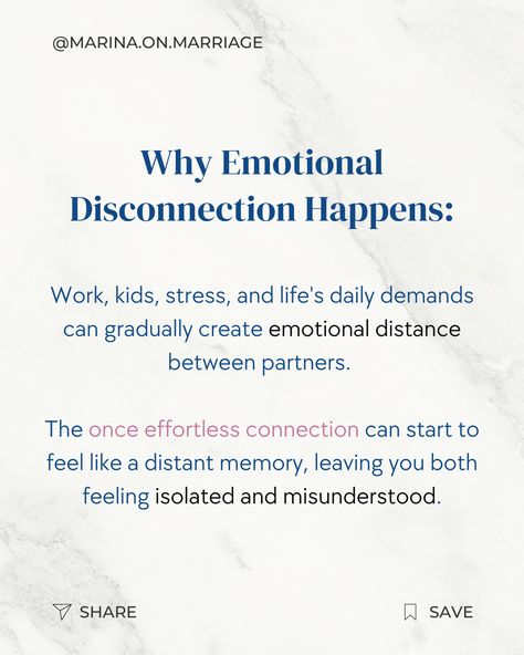 Feeling Disconnected in Your Relationship? Here’s How to Reignite the Spark 💖⁠ ⁠ Why Emotional Disconnection Happens:⁠ Life’s daily demands—work, kids, stress—can gradually create emotional distance between partners. The once effortless connection can start to feel like a distant memory, leaving you both feeling isolated and misunderstood.⁠ ⁠ How Emotionally Focused Therapy (EFT) Can Help:⁠ ⁠ 1️⃣ Expressing Needs and Vulnerabilities:⁠ EFT helps couples create a safe space where both partners ... Emotional Distance, Emotionally Focused Therapy, Distant Memory, Feeling Disconnected, Couples Counseling, The Spark, Safe Space, Counseling, Feel Like