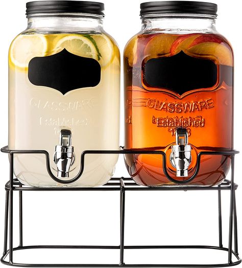 Royalty Art Dual Mason Jar Drink Dispensers with Metal Stand (4-Liters Each) Leakproof, Easy-Pull Spigots and Screw-On Lids Clear, Heavy-Duty Glass Chalkboard Sticker Labels Mason Jar Drink Dispenser, Royalty Art, Mason Jar Drinks, Glass Beverage Dispenser, Juice Dispenser, Chalkboard Stickers, Summertime Drinks, Beverage Dispensers, Glass Dispenser