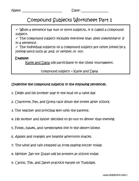 Subject Worksheet, Subject And Predicate Worksheet, Simple Subject And Predicate, Compound Subjects And Predicates, Complete Subject And Predicate, Complex Sentences Worksheets, Compound Subject, Sentences Worksheet, Complete Subject