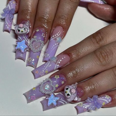 Kuromi Nails, Purple Kuromi, Jasmine Nails, Quinceanera Nails, Aesthetic Purple, Grunge Nails, Girly Acrylic Nails, Glow Nails, Hello Kitty Nails