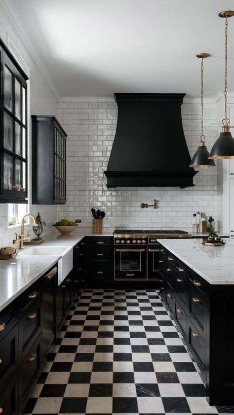 A black and white kitchen offers a timeless, chic look that’s both modern and elegant, perfect for any home style. These ideas will inspire you to create a stunning kitchen design that feels fresh and sophisticated. Click the link to discover how simple updates can transform your space and elevate the overall feel. Save this pin for later, so you can refer back to these brilliant design tips and share them with others looking for sleek kitchen inspiration. White And Black Flooring, White And Black Kitchen Floor, Kitchens With Black And White Tile Floor, Backsplash Kitchen Black Cabinets, Traditional Black And White Kitchen, Victorian Style Kitchen Ideas, 2024 Kitchen Trends Cabinets, Black Kitchen Floor Tiles, Aesthetic Black Kitchen