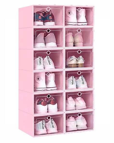 PRICES MAY VARY. 💙【Easily Assembling Shoe Container】 Easy to take dimensions: 13 L x 9 W x 5.4 H inches. These foldable and stackable shoe boxes storage come flat-packed so all you have to do is to fold them up and lock them together depend on your needs. It only takes you few minutes to put boot storage together, Please click on the video and install under instruction. 💙【Perfect Space Saver】】Stackable Storage Shoe Box help to simply organize closets and living areas, flat folding design makes Small Shoe Organization, Shoe Cubby Closet, Cute Shoe Organization, Pink Shoe Rack, Show Organizer Storage Ideas, Cute Shoe Rack, Toddler Shoe Storage, Shoe Cases, Dorm Shoe Storage