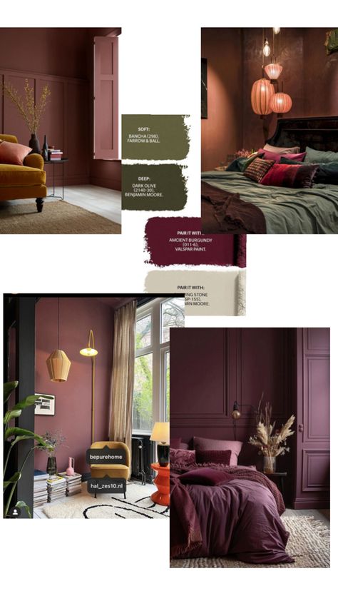 Plum Purple Paint Colors, Plum Wall Bedroom, Brinjal Bedroom Farrow Ball, Eggplant Wall Color, Green And Maroon Bedroom, Plum Room Ideas, Plum Library, Dark Plum Bedroom, Eggplant Living Room