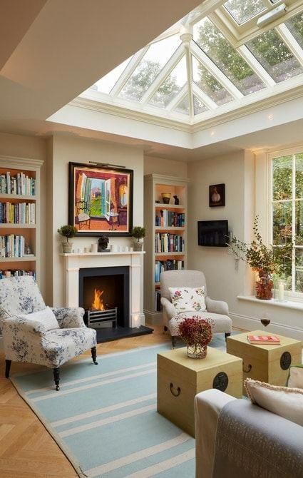 Lounge room within orangery featuring fireplace #livingroomdesigns Mid Century Interior Design, Vintage Living Room Furniture, Mid Century Interior, Interior Vintage, Vintage Living Room, Design Living Room, Style At Home, Lounge Room, A Living Room