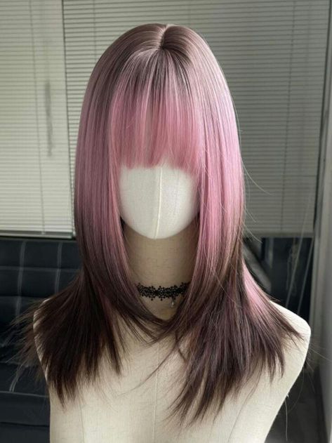 Chocolate And Pink Hair, Pink Hair Strands Brunette, Pink To Brown Hair, Pink To Black Hair, Pink Hair Black Tips, Pink Hair With Black Roots, Light Pink Highlights In Black Hair, Black To Pink Ombre Hair, Japanese Pink Hair