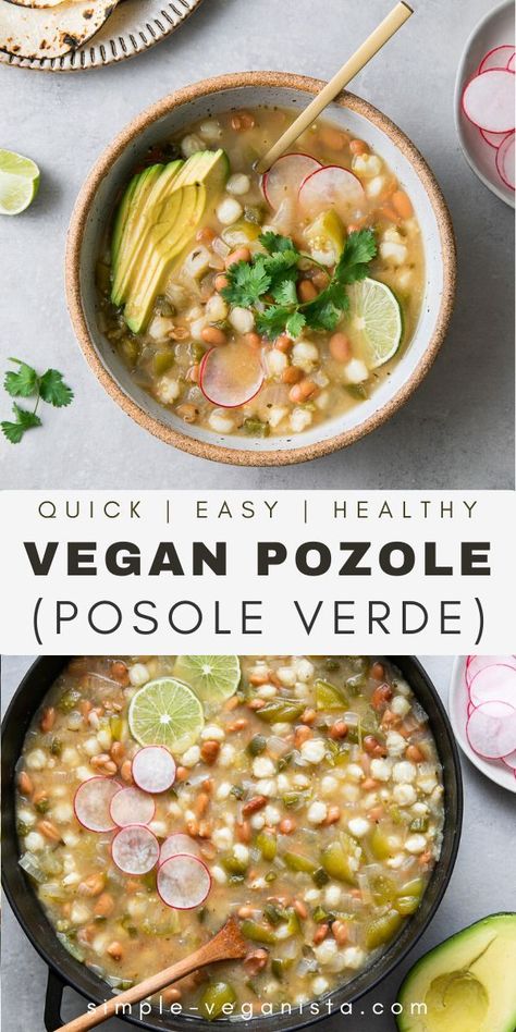 Vegan Posole Verde, Moljacete Recipes, Vegan Pozole Verde, Vegan Pozole Recipe, Vegan Posole, Mexican Vegan Recipes, Posole Verde Recipe, Vegan Pozole, Canned Tomatillos