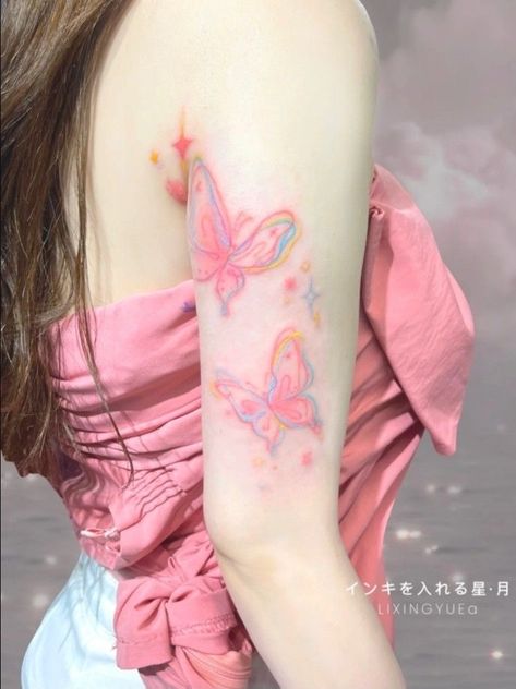 coquette temporary pastel kawaii Matching Colorful Tattoos, Kawaii Butterfly Tattoo, Super Cute Tattoos, Colorful Fine Line Tattoo, Pastel Butterfly Tattoo, Soft Girl Tattoos, Cute Colorful Tattoos, Kawaii Tattoo Ideas, Tattoos Colorful