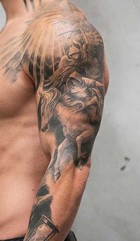 Voll Arm-tattoos, Shoulder Sleeve Tattoos, Quarter Sleeve Tattoos, Mens Shoulder Tattoo, Cool Arm Tattoos, Bicep Tattoo, Chest Tattoo Men, Cool Tattoos For Guys, Greek Tattoos