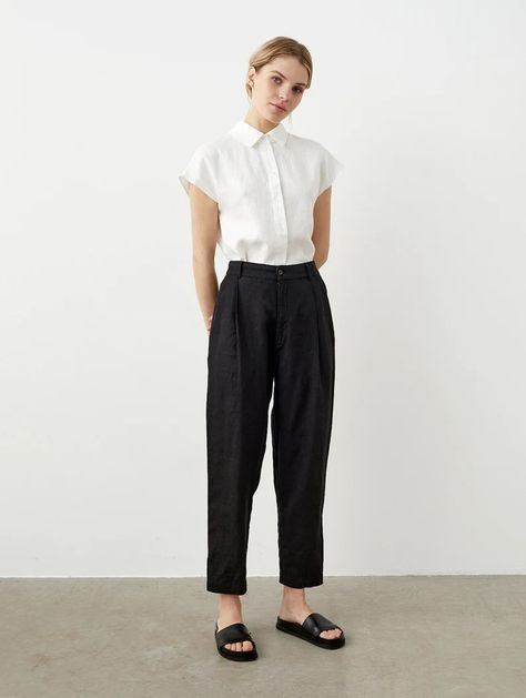 Cap-sleeve Linen Shirt With a Classic Collar, Button-down Linen Shirt, Casual Linen Shirt, Summer Office Blouse OXFORD - Etsy Pleated Trousers Plus Size, Masculine Office Outfits For Women, Queer Office Outfit, Black Tapered Pants Outfit, Queer Formal Wear, Nonbinary Fashion Feminine, Masculine Women Outfits, Tapered Pants Outfit, Country Wardrobe