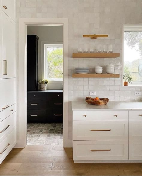 Square Backsplash, Textured Tile Backsplash, White Moroccan Tile, Neutral Pallet, Backsplash With White Cabinets, Zia Tile, White Kitchen Tiles, Moroccan Zellige, Kitchen And Pantry