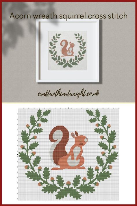 Acorn wreath squirrel cross stitch (free) - Craft with Cartwright Squirrel Cross Stitch, Cross Stitch Free, Acorn Wreath, Wreath Cross Stitch, Wreath Cross, Unique Cross Stitch, Cross Stitch Tutorial, Cross Stitch Cross, Custom Cross