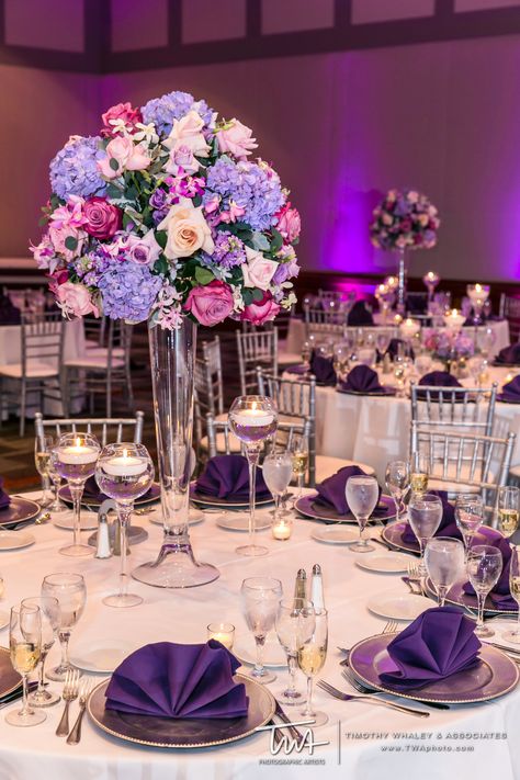 Purple And Pink Centerpieces, Ivory And Purple Wedding, Crystal Wedding Centerpieces, Purple Wedding Reception, Vase Centerpiece, Tall Wedding Centerpieces, Wedding Flower Girl Basket, Purple Wedding Theme, Wedding Petals