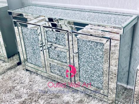 Diamond crush crystal 2 door 3 draw sideboard 130cm wide Wine Rack Sideboard, Mirrored Sideboard, Shabby Chic Antiques, Sideboard Grey, Crushed Diamonds, Mirrored Console Table, Diamond Mirror, Side Board, Large Sideboard