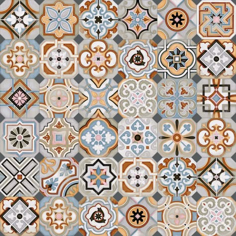 Floor tiles range Vodevil in 20X20cm size, is a porcelain tile with encaustic cement tiles like finish. Bohemian Tiles, Tile Artwork, Patterned Tiles, Tile Design Pattern, Art Chinois, Interior Tiles, Encaustic Cement Tile, Tiles Texture, Art Japonais