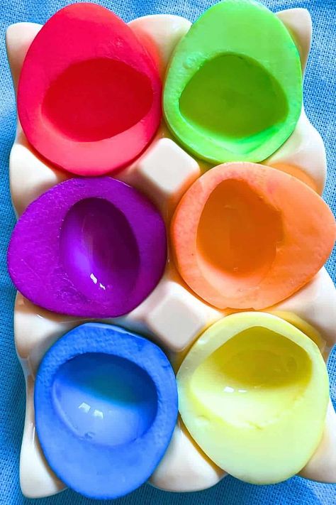 Color Dyed Egg Recipe EGG WHITES DYE - how to color egg whites for dyed deviled eggs for Easter eggs or fun party food ideas #dyedeggs #deviledeggs #eastereggs #partyrecipes #pasteleggs Colored Deviled Eggs How To Make, How To Dye Egg Whites For Deviled Eggs, How To Dye Deviled Eggs, Pink Deviled Eggs, Fun Party Food Ideas, Dye Eggs With Food Coloring, Boiled Egg Whites, Colored Deviled Eggs Recipe, Deviled Eggs For Easter