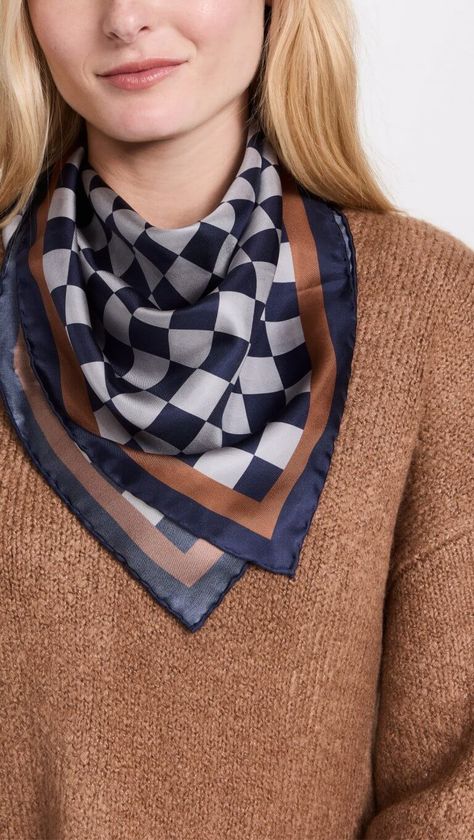 10 Ways to Wear Silk Scarves Square Scarf How To Wear A, Square Scarf Outfit, Outfits With Scarves, Silk Scarf Outfit, Tory Burch Scarf, Scarf Wearing Styles, 10 Ways To Wear, Small Silk Scarf, Neck Scarf Tying