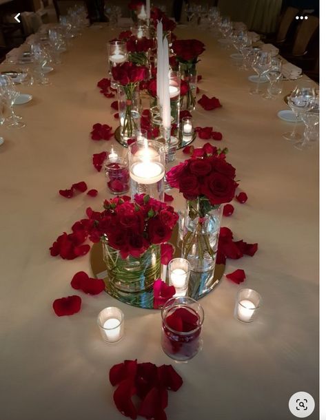 Chandelier Table Centerpiece, Red Dinner Party Decor, Wedding Valentines Day, Valentines Themed Engagement Party, Ruby Red Wedding Theme, Centerpieces With Mirrors, Red And White Wedding Centerpieces, Red And Silver Party, Red Theme Birthday Party Decor