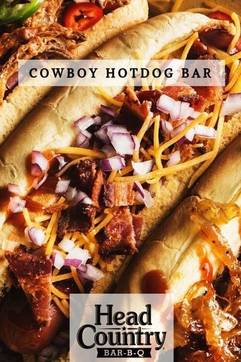 Head Country Bbq Sauce Recipe, Football Sandwiches, Western Party Foods, Western Theme Party Food, Hot Dog Bar Toppings, Recipes For Bbq, Cowboy Food, Country Bbq, Hot Dog Party