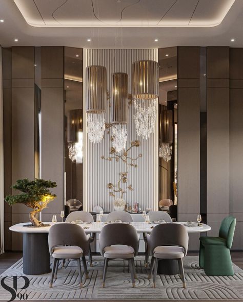 Dining Feature Wall Design, Double Height Dining Room Modern, Dining Back Wall Design, Luxury Dinning Room Decor, Dinning Wall Designs Luxury, Modern Dining Room Ideas Interior Design, Dinning Wall Decoration, Elegant Dining Room Luxury Classy, Luxury Dining Room Decor Modern