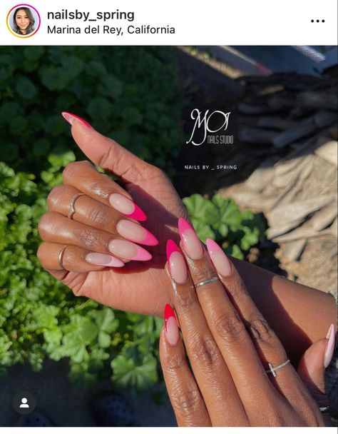 Gradient Pink French Tips Pink Gradient French Tip Nails, Shades Of Pink French Tip Nails, Different Shades Of Pink Nails French, Dark Pink French Nails, Pink Almond French Tip Nails, Gradient French Tip Nails, Gradient French Nails, Different Shades Of Pink Nails, French Tip Toes