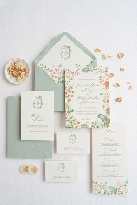 Inspired by chinoiserie patterns and beautiful blooms, our moodboard for this suite had photos of gorgeous blooms English gardens. A romantic invitation, a combination between flat print for the floral design and gold ink letterpress for the text.#weddinginvitation#weddinginvitations#weddinginvites#luxurywedding#letterpressinvitations#letterpressprinting#dailydoseofpaper#paperlove#2023wedding#placecards#weddinginspo#weddinginspiration#weddingpaper #fineartbride#fineartwedding #handmadepaper Pastel Wedding Invitations, Chinoiserie Patterns, Orange Wedding Invitations, Wedding Sign Decor, Floral Wedding Invitation Suite, Garden Wedding Invitations, English Gardens, Wedding Invitations Romantic, Flower Wedding Invitation