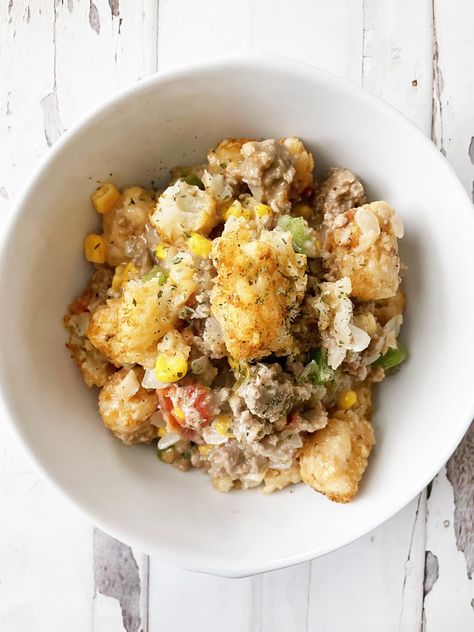 Cowboy Casserole — The Skinny Fork Low Calorie Meal Ideas, Cowboy Casserole, Vegetarian Casserole, Impossible Burger, Tater Tot Casserole, Tater Tots, Cheese Soup, Peanut Free, What Can I Say