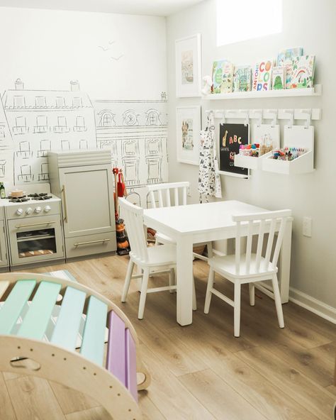 Playroom Fireplace Decor, Living Room Craft Corner, Art Section In Playroom, Painted Built Ins Playroom, School Age Playroom, Playroom Multiple Ages, Playroom Ideas For Grandmas House, Ikea Kids Art Table, Art Station Playroom