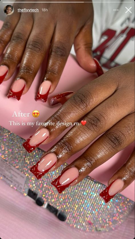 Red French Tip Birthday Nails, Red French Tip Black Women, Simple Red Acrylic Nail Ideas, Red Nails With Red French Tip, Red Short Nails Square, White And Red Nails With Designs, Red French Tips With Rhinestones, Red Nails Graduation, Winter Burgundy Nails