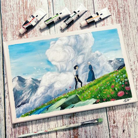 Guache Paintings Ghibli, Howls Moving Castle Watercolor Painting, Guache Painting Studio Ghibli, Anime Scenes To Paint, Studio Gibhili Paintings, Painting Ghibli Scenes, Watercolor Art Studio Ghibli, Gouche Painting Ideas Studio Ghibli, Studio Ghibli Art Style Tutorial