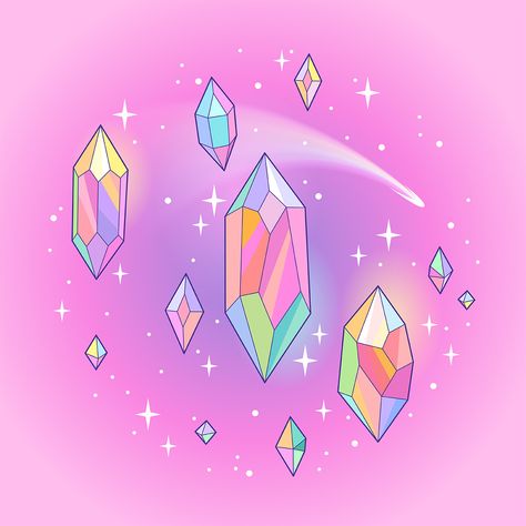 Crystals Aesthetic Drawing, Crystal Cartoon Drawing, Shiny Illustration, Pastel Witch Aesthetic, Kawaii Crystals Drawing, Crystal Illustration Graphic Design, Gems Illustration, Trippy Crystal Art, Crystal Illustration