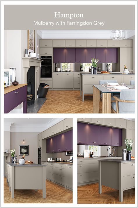 Modern kitchen with the factor add touches of purple with warm greys. Adding a freestanding kitchen island breaks the kitchen from kitchen area to living space. If you’re opting for open plan living add a purple coffee table. Grey And Purple Kitchen, Kitchen Ideas Purple, Coffee Wardrobe, Purple Coffee Table, Purple Kitchen Ideas, Aluminium Work, Purple Kitchen Decor, Purple Kitchen Designs, Small Kitchen Set