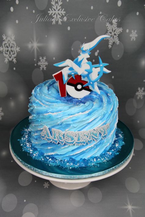 Pokemon themed birthday cake with an Ice Arceus. Tried to create something like an ice-water whirlpool (with whipping cream) Cake Pokemon, Wedding Cake Marble, Octonauts Cake, Ocean Cake, Pokemon Birthday Cake, Birthday 13, Ocean Cakes, Geode Cake, Pokemon Cake