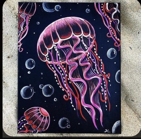 Hippie Kunst, Jellyfish Illustration, Jellyfish Painting, Jellyfish Drawing, Fish Artwork, Easy Canvas Painting, Jelly Fish, Simple Acrylic Paintings, Fish Painting