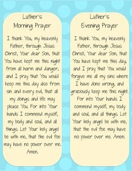 Luther's Morning and Evening Prayer Mini-Posters - Dots on                                                                                                                                                      More Lutheran Prayers, Reformation Sunday, Evening Prayers, Reformation Day, Mini Posters, Evening Prayer, Reformed Theology, Soli Deo Gloria, Prayers For Children