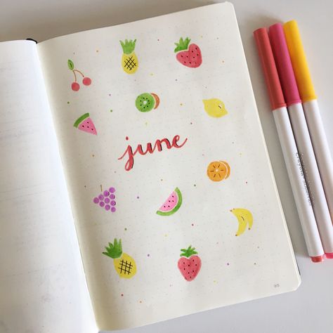 june fruit bullet journal theme #bujo #bujoideas #bulletjournal #bulletjournaling #bulletjournalideas June Spread Bullet Journal, June Reading Journal Spread, June Journal Page, June Planner Ideas, Bullet Journal Fruit Theme, June Journal Ideas, Fruit Bullet Journal, June Bullet Journal Ideas, June Bullet Journal Cover