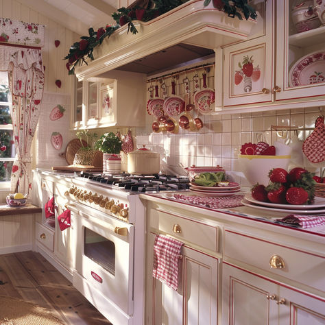 Red Theme Kitchen, Victorian Mansion Kitchen, Strawberry Kitchen Decor Ideas, Strawberry Shortcake Kitchen, Strawberry House Decor, Red Kitchen Aesthetic, Colorful House Aesthetic, Kitchen Ideas Cottagecore, Pink And Red Kitchen