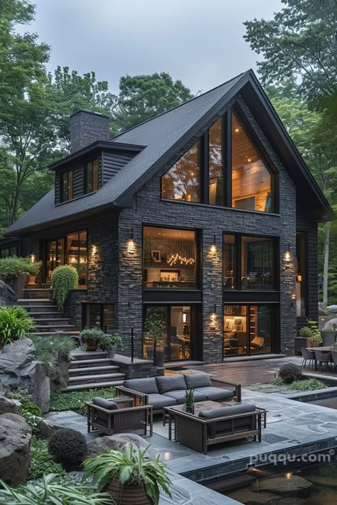 Black Brick House: Timeless Elegance for Your Home - Puqqu Glass Mountain House, Chalet Exterior Design, Outside Of House Ideas, Black And Wood Exterior House, Dark Stone Exterior Houses, Black And Wood House, Brick And Wood House, Black Stone House, Brick Exterior Design