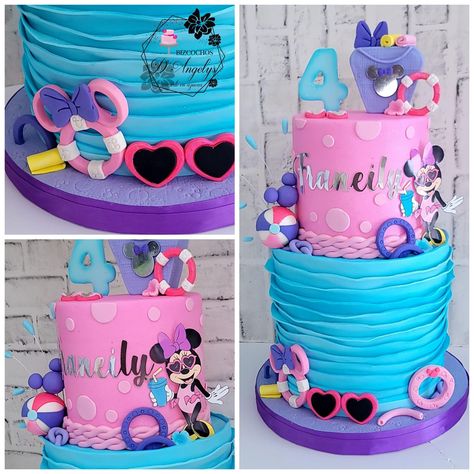 Minnie Pool Party Cake, Minnie Mouse Mermaid Party, Minnie Mouse Pool Party Cake, Minnie Mouse Summer Birthday Party, Minnie Mouse Pool Party Ideas, Minnie Mouse Swim Party, Minnie Mouse Pool Party, Tropical Birthday Cake, Summer Birthday Cake