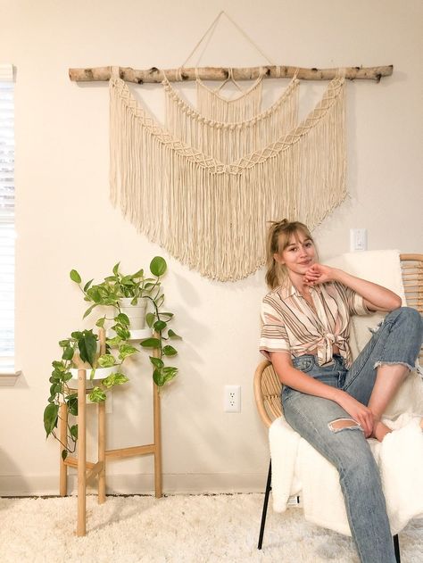 Large Birch Wood Branch Macrame Wall Hanging Above Headboard | Etsy Macrame On Branch, Macrame Above Bed Decor, Macrame Over Bed, Branch Macrame, Above Bed Macrame, Macrame Over Bed Flower, Macreme Above Bed, Macrame Wall Hanger, Birch Branches