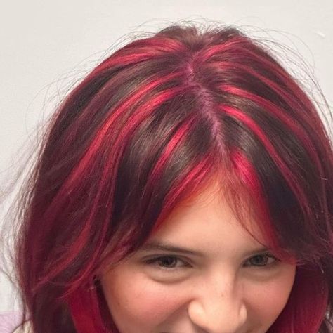 Teesha Watkins Hopper on Instagram: "Chunky Pink Highlights for Emberlin last night ! Keep scrolling for a personality picture 😬 Formula : First Base + Cupid applied on a level 8 to 9" Chunky Magenta Highlights, Chunky Red Highlights On Brown Hair, Black With Hot Pink Highlights, Dark Brown Hair With Hot Pink Highlights, Short Red Highlighted Hair, Dark Pink With Light Pink Highlights, Dark Red Hair Pink Highlights, Chunky Dyed Hair, Colourful Highlights