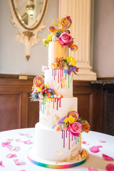 Rainbow Wedding Cake Ideas, Rainbow Cake Wedding, Neon Wedding Cake, Lesbian Wedding Cake Ideas, Festival Cake Ideas, Pride Wedding Cake, Rainbow Wedding Cakes, Wedding Cake Rainbow, Rainbow Flower Cake