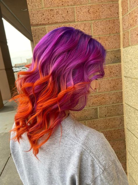 Purple pink orange hair ombré sunset sunrise dying dyed colored hair Purple To Orange Ombre Hair, Purple To Orange Hair, Pink Orange Ombre Hair, Purple Pink Orange Hair, Orange To Pink Hair, Ginger And Purple Hair, Sunset Ombre Hair, Orange Purple Hair, Orange And Purple Hair