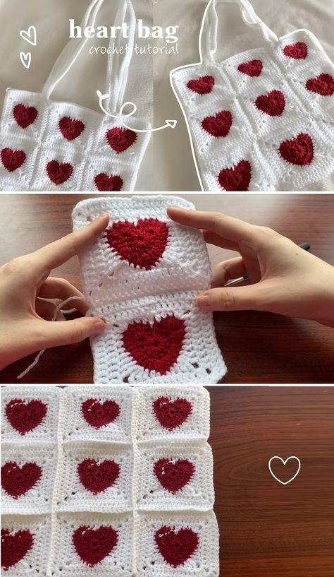 Sac Granny Square, Granny Square Pattern Free, Granny Square Häkelanleitung, Crochet Handles, Heart Tote Bag, Crochet Heart Pattern, Stylish Crochet, Bag Pattern Free, Valentines Crochet